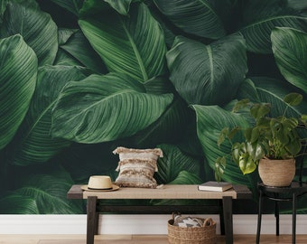 Large Dark Green Jungle Leaves Wallpaper, Green Tropical Plants Peel & Stick Wall Mural, Self Adhesive Wall Decor