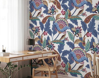 Papier peint design cachemire avec feuilles bleu marine, papier peint autocollant floral de style art déco, décoration d'intérieur luxueuse auto-adhésive