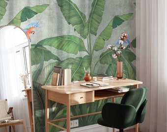 Vintage Tropical Banana Leaves Wallpaper, Large Leaves With Parrots Peel & Stick Wall Mural, Self Adhesive Wall Decor