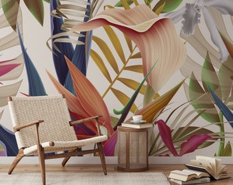 Tropical Flowers With Birds Of Paradise Peel & Stick Wallpaper, Abstract Leaf Design Wall Mural, Floral Modern Home Decor