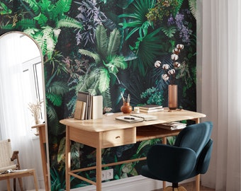 Tropical Botanics With Various Plants And Leaves Wallpaper, Green Botanical Peel & Stick Wall Mural, Self Adhesive Wall Decor