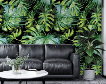 Watercolor Style Monstera Leaves With A Black Background Wallpaper, Large Tropical leaves Peel & Stick Wall Mural, Self Adhesive Wall Decor