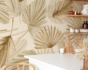 Beige Boho Dry Leaves Wallpaper, Tropical Dry Plants Peel & Stick Wall Mural, Bohemian Wall Mural, Self Adhesive Wall Decor
