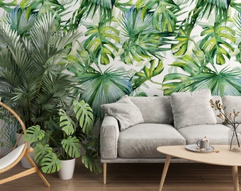 Tropical Watercolor Style Monstera Leaves Wallpaper, Large Tropical Leaves Peel & Stick Wall Mural, Self Adhesive Wall Decor