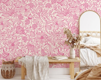 Pink Floral Line Art Paisley Pattern Peel & Stick Wallpaper, Elegant Pink Leaves Wall Mural, Romantic Self-Adhesive Wall Decor