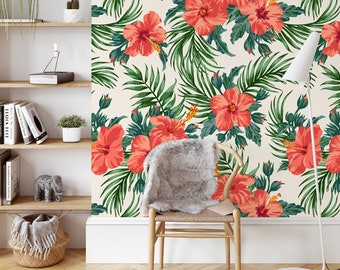 Papier peint autocollant Fleurs d'hibiscus tropical, décoration murale fleurs et feuilles couleur pêche, décoration d'intérieur auto-adhésive vibrante