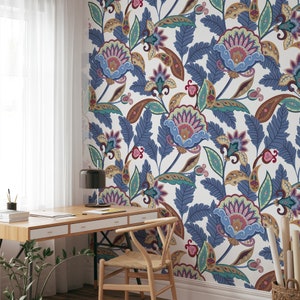 Carta da parati staccabile e adesiva con motivo Paisley e foglie blu navy, murale in stile Art Déco floreale, lussuoso arredamento autoadesivo per la casa