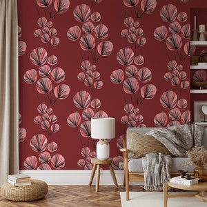 Carta da parati adesiva con denti di leone rossi astratti disegnati a mano, elegante murale con linee floreali rosse, arredamento moderno autoadesivo per la casa