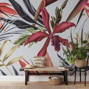 Große Pantone Tropische Blumen zum Abziehen und Aufkleben, Große exotische Blätter Wandbild, lebendiges botanisches Wohnzimmerdekor