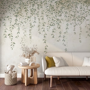 ロマンチックなつる植物のイラスト壁紙、葉っぱの付いた柔らかい背景、剥がして貼る壁画、自己粘着壁装飾