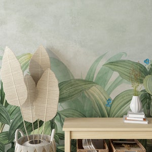 Botanical Large Plants Illustration Wallpaper, Vintage Style Green Leaves Peel & Stick Wall Mural, Self Adhesive Leaves Wall Decor