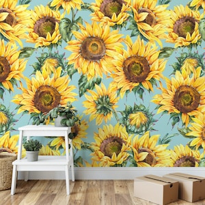 Aquarell Sonnenblumen Peel & Stick-Tapete, Lebendige Gelbe Blumensonnenblumen-Wandbild, Selbstklebende Gartendekoration