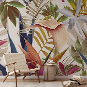 Papier peint autocollant Fleurs tropicales avec oiseaux de paradis, décoration murale feuille abstraite, décoration florale moderne pour la maison