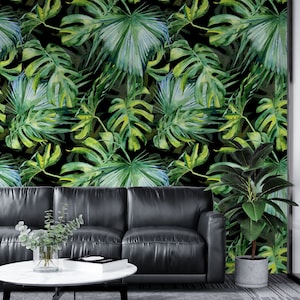 Watercolor Style Monstera Leaves With A Black Background Wallpaper, Large Tropical leaves Peel & Stick Wall Mural, Self Adhesive Wall Decor
