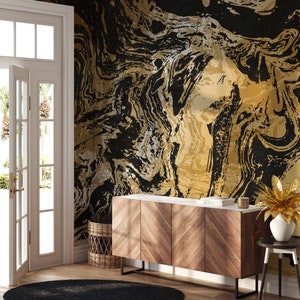 Carta da parati in marmo oro e nero, murale astratto di lusso staccabile e attaccabile, decorazione murale moderna, decorazione artistica per la casa rimovibile, elegante carta da parati nera