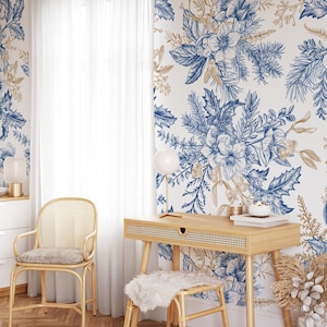 Carta da parati vintage con fiori e bacche blu e beige, murale con linee floreali contemporanee, decorazione autoadesiva per la casa