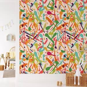 Carta da parati staccabile e adesiva con forme astratte vibranti, decorazione murale con motivo dinamico multicolore, murale murale autoadesivo rimovibile colorato