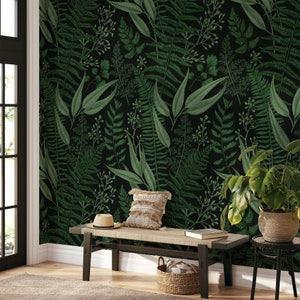 Dunkelgrüne natürliche Blätter auf einem schwarzen Hintergrund zum Abziehen und Aufkleben, Wandbild zum Thema Natur, anspruchsvolle grüne botanische Wandkunst
