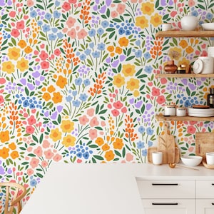 Bunte Frühlingsblumen-Muster zum Abziehen und Aufkleben, Garten-inspiriertes Wandbild, selbstklebende florale Wohndekoration