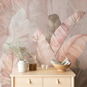 Pastel Peach Pink Banana Leaves, Large Tropical Pastel Leaves Peel & Stick Wall Mural, Tropical Wall Decor, Self Adhesive Wall Mural