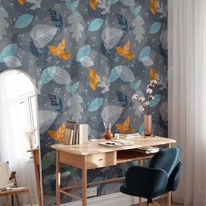 Von der Natur inspirierte Tapete zum Abziehen und Aufkleben von blauen und orangefarbenen Blättern, zeitgenössisches Herbstblatt, selbstklebendes Wohndekor