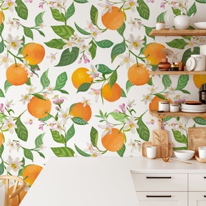 Orangen und Blumen Peel & Stick-Tapete, tropische Orangenblüte, Wandbild, selbstklebende, lebendige, fruchtige Wohnkultur