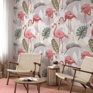 Elegante rosa Flamingo- und Palmenblätter-Tapete, tropisches Wandbild, Flamingos-Wanddekor, entfernbare Wandkunst, Natur-inspiriert