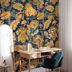 Carta da parati adesiva con motivo floreale Paisley giallo, lussuosa carta da parati autoadesiva gialla e blu navy, arredamento per la casa in stile Art Déco