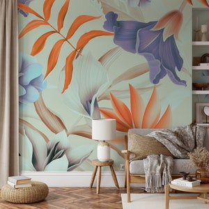 Große Beige Lila Blumen mit orangefarbenen Blättern Peel & Stick Wallpaper, Blühende Blumen Wandbild, selbstklebende moderne Wohnkultur
