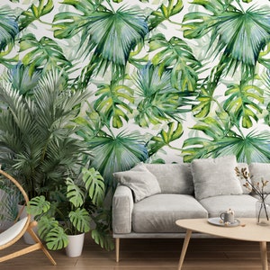 Tropischer Aquarellstil Monstera-Blätter, großes Wandbild, selbstklebende Tropische Blätter zum Abziehen und Aufkleben