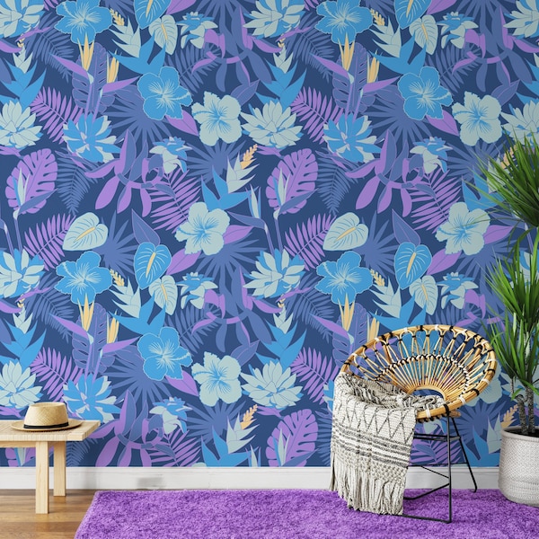 Blue And Purple Hued Floral Illustration Peel & Stick Wallpaper, Tropical Exotic Flowers Wall Mural, Self-Adhesive Living Room Wall Decor