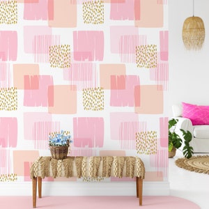 Pfirsich-rosa abstrakte geometrische Streifen Tapete, modernes Block-Pe & Stick-Wandbild, goldene Wandakzente, entfernbares Wanddekor