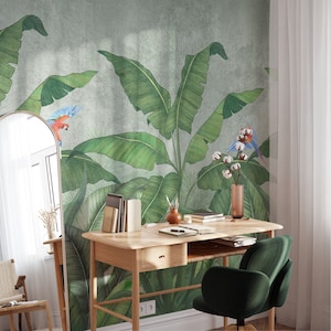 Carta da parati vintage con foglie di banano tropicali, grandi foglie con pappagalli, murale da parete staccabile e adesiva, decorazione da parete autoadesiva