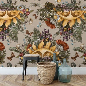 Carta da parati mistica con sole e fiori, murale con farfalle e libellule, decorazione per la casa autoadesiva ispirata alla natura