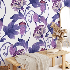 Lila Blumen Paisley Illustration Peel & Stick Tapete, Elegantes Art Deco Lavendel Wandbild, Luxuriöse Wohnzimmer Wanddekoration