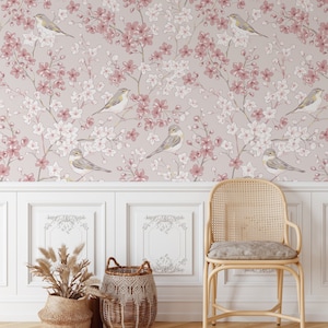 Papier peint autocollant motif fleurs rose pastel avec oiseaux, décoration murale florale rose élégante, décoration intérieure auto-adhésive inspirée de la nature