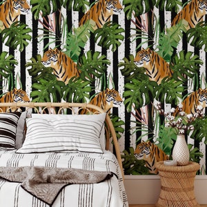 Carta da parati con foglie di monstera tropicale maestosa tigre, murale staccabile e attaccabile giungla, decorazione murale tigre nella giungla, arte murale esotica, tema fauna selvatica