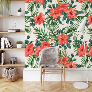 Tropische Hibiskusblüte Peel & Stick-Tapete, Pfirsichfarbene Blumen mit Blättern Design Wandbild, lebendiges selbstklebendes Wohndekor