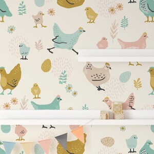 Wunderliche Bauernhof Tier Hühner Eier Tapete, Kinderzimmer Schälen & Aufkleben Wandbild, Niedlicher Wanddekor, Verspielte Entfernbare Wandkunst für Kinder