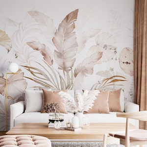 Soft Beige Aesthetic Leaves Wallpaper, Watercolor Effect Natural Leaves Peel & Stick Wall Mural, Self Adhesive Wall Decor