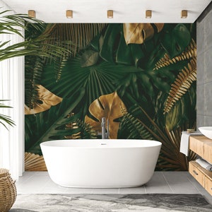 Large Tropical Dark Green And Golden Golden Leaves Wallpaper, Green Tropical Plants Peel & Stick Wall Mural, Self Adhesive Wall Decor