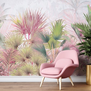 Colorful Pastel Tropical Leaves Wallpaper, Pastel Pink And Green Botanicals Peel & Stick Wall Mural, Self Adhesive Wall Decor