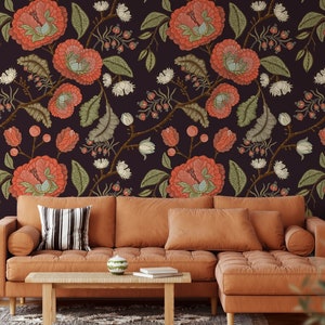 Carta da parati adesiva con motivo floreale Paisley grande e scuro, murale floreale color corallo vintage, arredamento per la casa in stile Art Déco