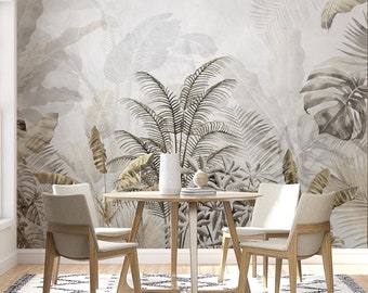 Soft Tropical Leaves And Trees Collage Wallpaper, Muted Botanical Foliage Peel & Stick Wall Mural, Self Adhesive Wall Decor