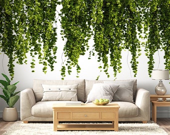 Green Leaves Hanging With A White Background Wallpaper, Growing Vines Peel & Stick Wall Mural, Self Adhesive Wall Decor