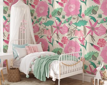 Pink Floral Paisley Style Peel & Stick Wallpaper, Elegant Pink Botanicals Wall Mural, Chic Nature-Inspired Home Decor