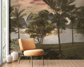 Gorgeous Tropical Riverside Wallpaper, Vintage Style Tropical Trees Peel & Stick Wall Mural, Self Adhesive Wall Decor