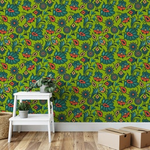 Grünes, mutiges Blumen-Paisley-Muster zum Abziehen und Aufkleben, Wandbild, lebendige grüne Blätter, selbstklebendes Wohndekor