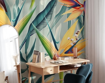 Carta da parati adesiva con fiori tropicali e menta degli uccelli del paradiso, murale con foglie esotiche colorate, arredamento moderno e vibrante per la casa
