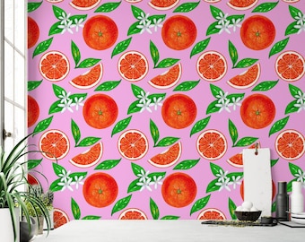 Bright Colored Oranges With A Pink Background Peel & Stick Wallpaper, Vibrant Fruity Wall Mural, Self-Adhesive Kitchen Decor